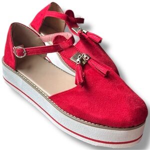 NEW Red Espadrille Platform Wedge Sandals wGold Buckle & Tassels NWOT Size 7 / 8